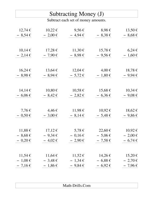 The Subtracting Euro Money to €10 -- Increments of 2 Euro Cents (J) Math Worksheet