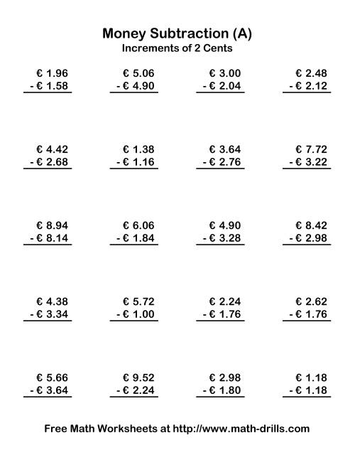 The Subtracting Euro Money to €10 -- Increments of 2 Euro Cents (Old) Math Worksheet