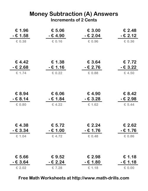 The Subtracting Euro Money to €10 -- Increments of 2 Euro Cents (Old) Math Worksheet Page 2