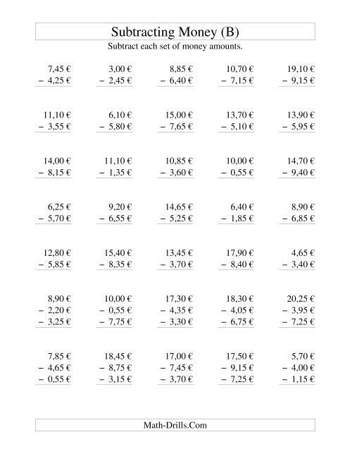 The Subtracting Euro Money to €10 -- Increments of 5 Euro Cents (B) Math Worksheet
