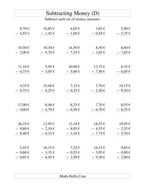 The Subtracting Euro Money to €10 -- Increments of 5 Euro Cents (D) Math Worksheet