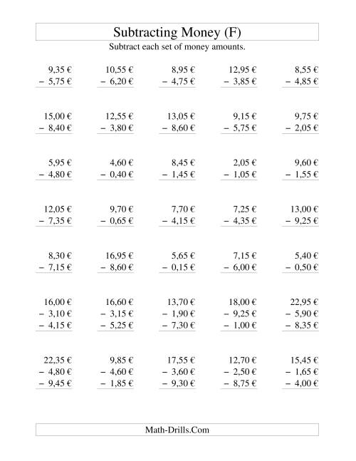 The Subtracting Euro Money to €10 -- Increments of 5 Euro Cents (F) Math Worksheet
