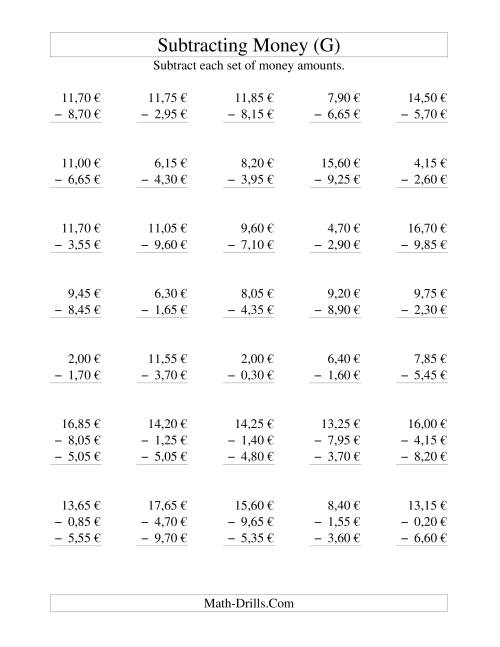 The Subtracting Euro Money to €10 -- Increments of 5 Euro Cents (G) Math Worksheet