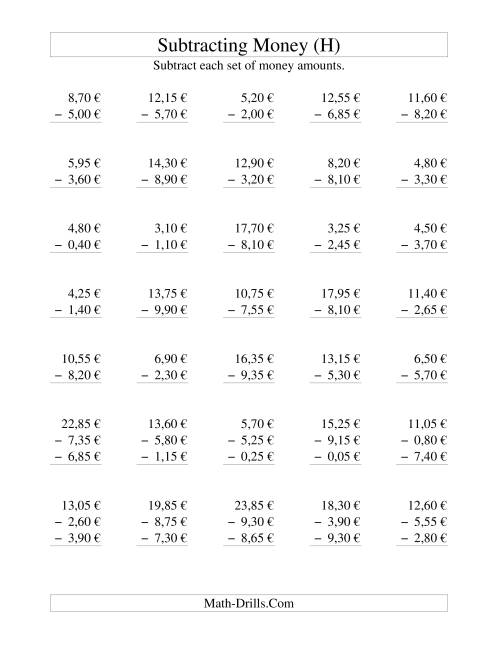 The Subtracting Euro Money to €10 -- Increments of 5 Euro Cents (H) Math Worksheet