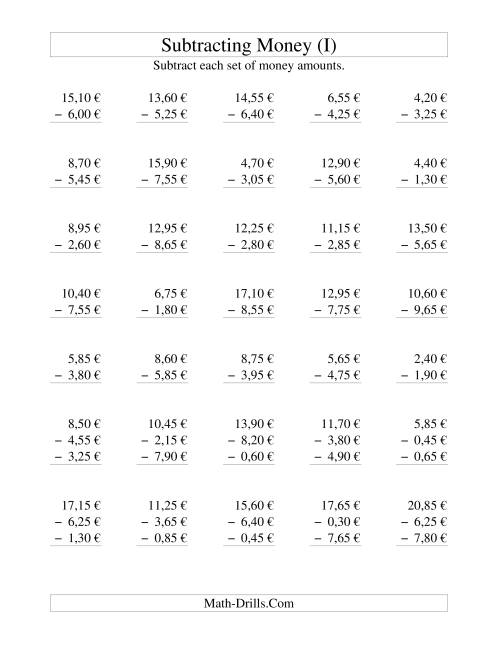 The Subtracting Euro Money to €10 -- Increments of 5 Euro Cents (I) Math Worksheet