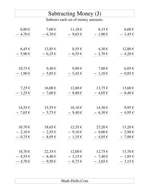 The Subtracting Euro Money to €10 -- Increments of 5 Euro Cents (J) Math Worksheet