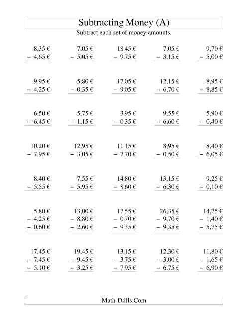 The Subtracting Euro Money to €10 -- Increments of 5 Euro Cents (All) Math Worksheet