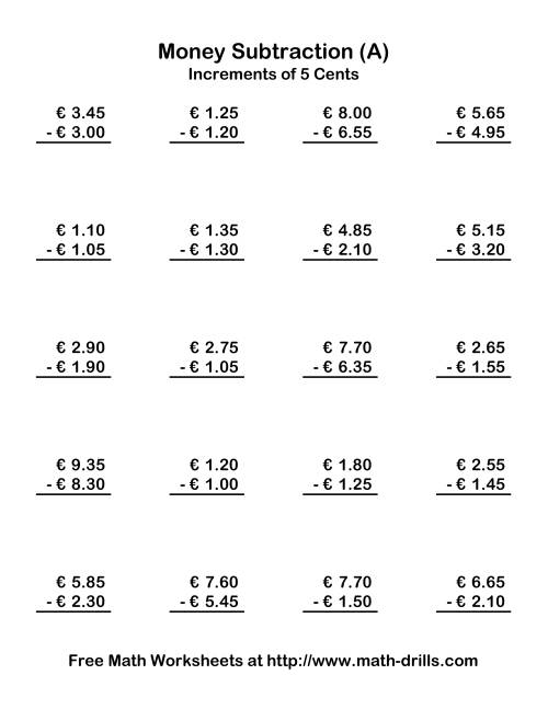 The Subtracting Euro Money to €10 -- Increments of 5 Euro Cents (Old) Math Worksheet