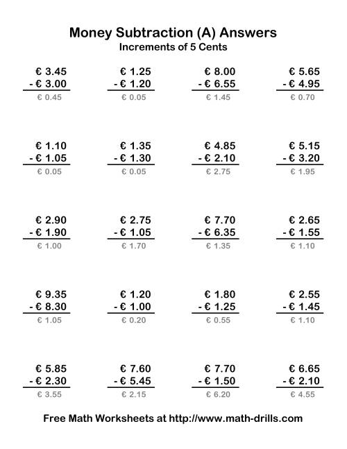 The Subtracting Euro Money to €10 -- Increments of 5 Euro Cents (Old) Math Worksheet Page 2