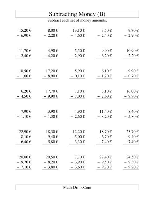 The Subtracting Euro Money to €10 -- Increments of 10 Euro Cents (B) Math Worksheet
