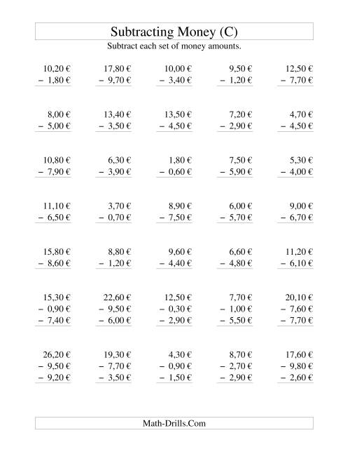 The Subtracting Euro Money to €10 -- Increments of 10 Euro Cents (C) Math Worksheet