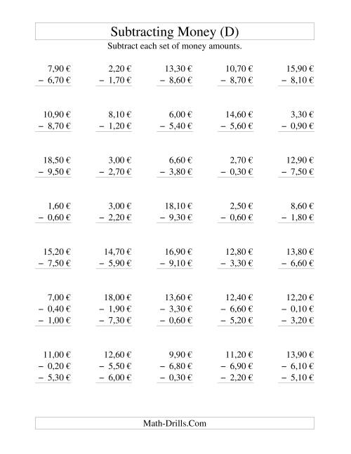 The Subtracting Euro Money to €10 -- Increments of 10 Euro Cents (D) Math Worksheet