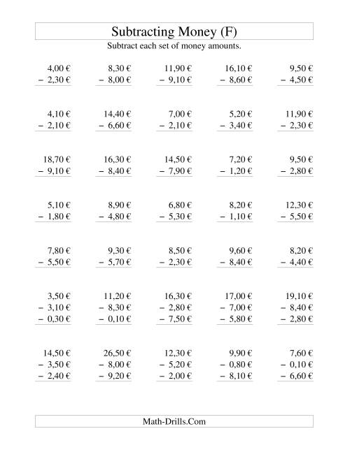 The Subtracting Euro Money to €10 -- Increments of 10 Euro Cents (F) Math Worksheet
