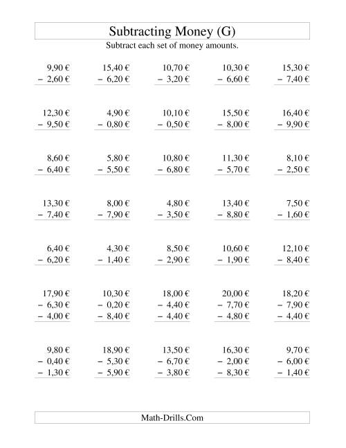 The Subtracting Euro Money to €10 -- Increments of 10 Euro Cents (G) Math Worksheet