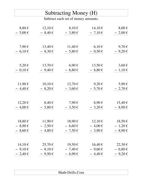 The Subtracting Euro Money to €10 -- Increments of 10 Euro Cents (H) Math Worksheet