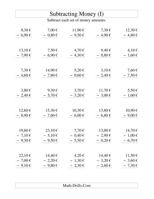 The Subtracting Euro Money to €10 -- Increments of 10 Euro Cents (I) Math Worksheet