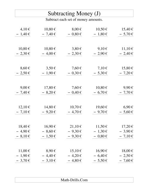 The Subtracting Euro Money to €10 -- Increments of 10 Euro Cents (J) Math Worksheet