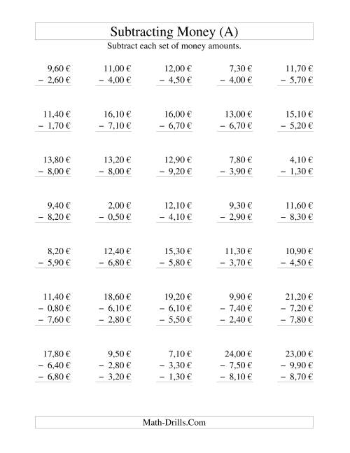 The Subtracting Euro Money to €10 -- Increments of 10 Euro Cents (All) Math Worksheet