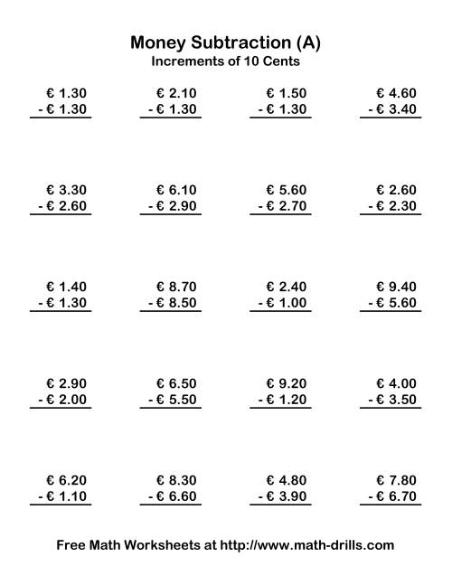 The Subtracting Euro Money to €10 -- Increments of 10 Euro Cents (Old) Math Worksheet
