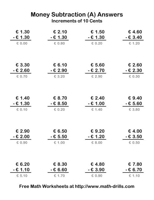 The Subtracting Euro Money to €10 -- Increments of 10 Euro Cents (Old) Math Worksheet Page 2