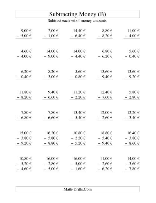 The Subtracting Euro Money to €10 -- Increments of 20 Euro Cents (B) Math Worksheet