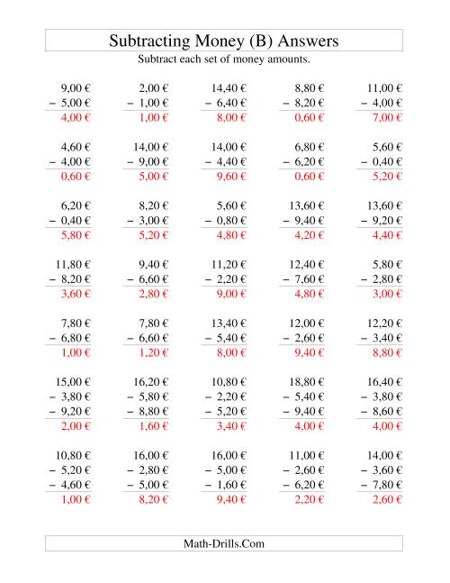 The Subtracting Euro Money to €10 -- Increments of 20 Euro Cents (B) Math Worksheet Page 2