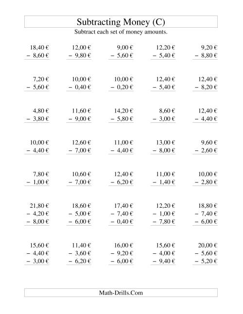 The Subtracting Euro Money to €10 -- Increments of 20 Euro Cents (C) Math Worksheet