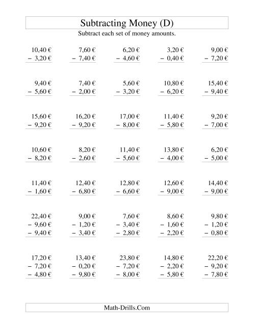 The Subtracting Euro Money to €10 -- Increments of 20 Euro Cents (D) Math Worksheet