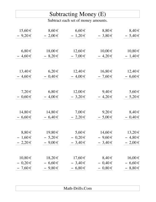 The Subtracting Euro Money to €10 -- Increments of 20 Euro Cents (E) Math Worksheet