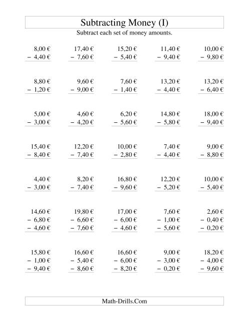 The Subtracting Euro Money to €10 -- Increments of 20 Euro Cents (I) Math Worksheet