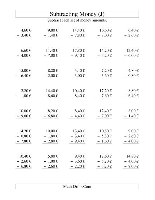 The Subtracting Euro Money to €10 -- Increments of 20 Euro Cents (J) Math Worksheet