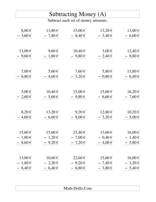 The Subtracting Euro Money to €10 -- Increments of 20 Euro Cents (All) Math Worksheet