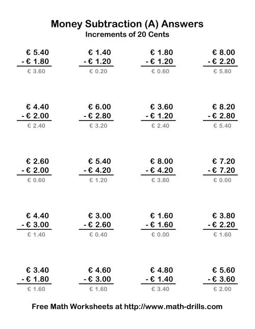 The Subtracting Euro Money to €10 -- Increments of 20 Euro Cents (Old) Math Worksheet Page 2