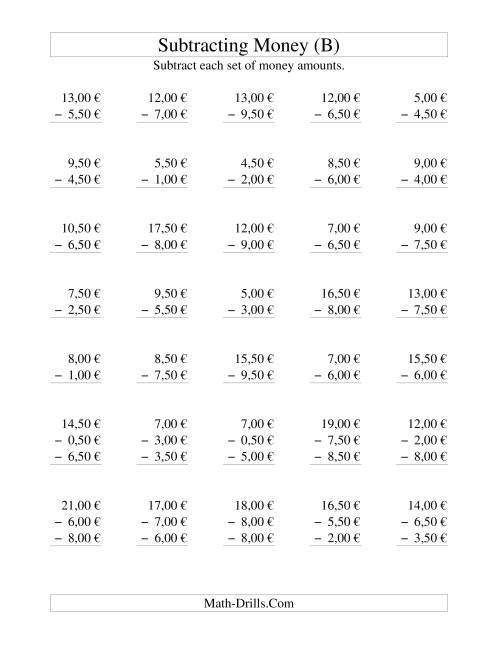 The Subtracting Euro Money to €10 -- Increments of 50 Euro Cents (B) Math Worksheet