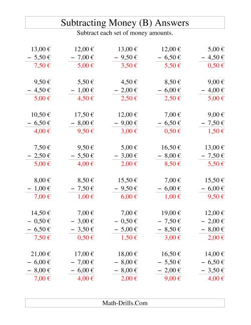 The Subtracting Euro Money to €10 -- Increments of 50 Euro Cents (B) Math Worksheet Page 2