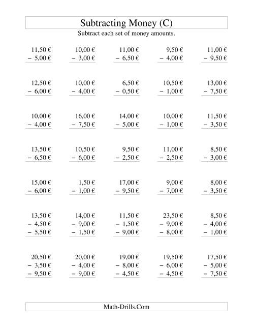 The Subtracting Euro Money to €10 -- Increments of 50 Euro Cents (C) Math Worksheet