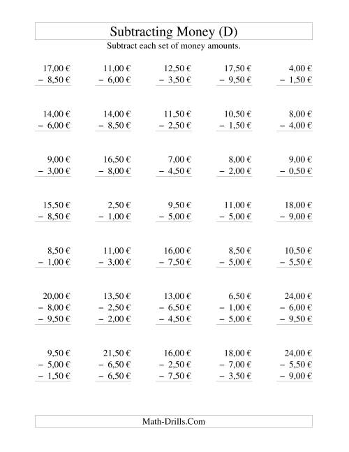The Subtracting Euro Money to €10 -- Increments of 50 Euro Cents (D) Math Worksheet