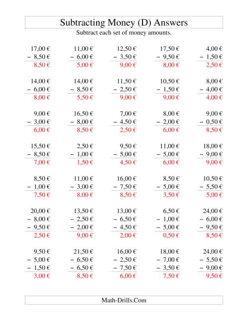 The Subtracting Euro Money to €10 -- Increments of 50 Euro Cents (D) Math Worksheet Page 2