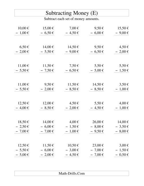 The Subtracting Euro Money to €10 -- Increments of 50 Euro Cents (E) Math Worksheet