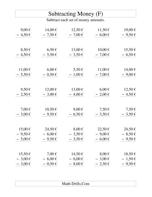The Subtracting Euro Money to €10 -- Increments of 50 Euro Cents (F) Math Worksheet