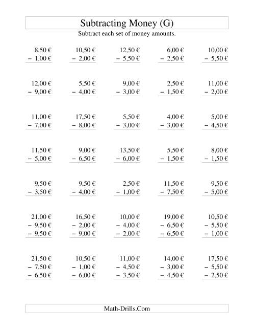 The Subtracting Euro Money to €10 -- Increments of 50 Euro Cents (G) Math Worksheet
