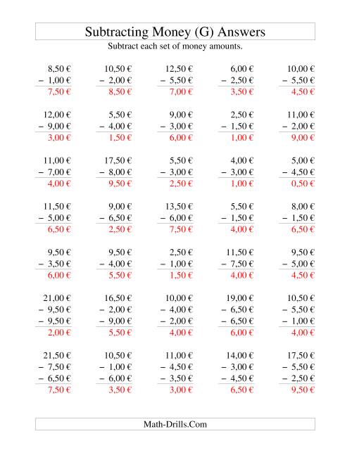 The Subtracting Euro Money to €10 -- Increments of 50 Euro Cents (G) Math Worksheet Page 2
