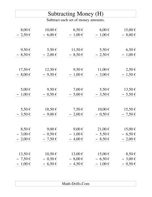 The Subtracting Euro Money to €10 -- Increments of 50 Euro Cents (H) Math Worksheet