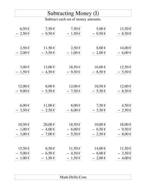 The Subtracting Euro Money to €10 -- Increments of 50 Euro Cents (I) Math Worksheet