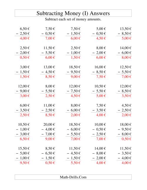 The Subtracting Euro Money to €10 -- Increments of 50 Euro Cents (I) Math Worksheet Page 2