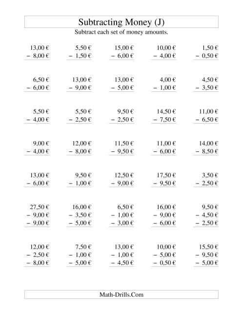 The Subtracting Euro Money to €10 -- Increments of 50 Euro Cents (J) Math Worksheet