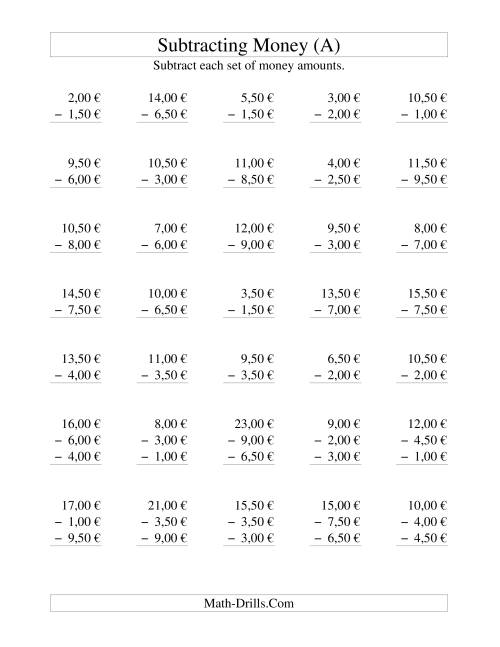 The Subtracting Euro Money to €10 -- Increments of 50 Euro Cents (All) Math Worksheet