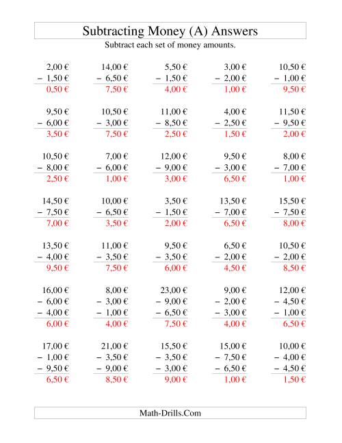The Subtracting Euro Money to €10 -- Increments of 50 Euro Cents (All) Math Worksheet Page 2