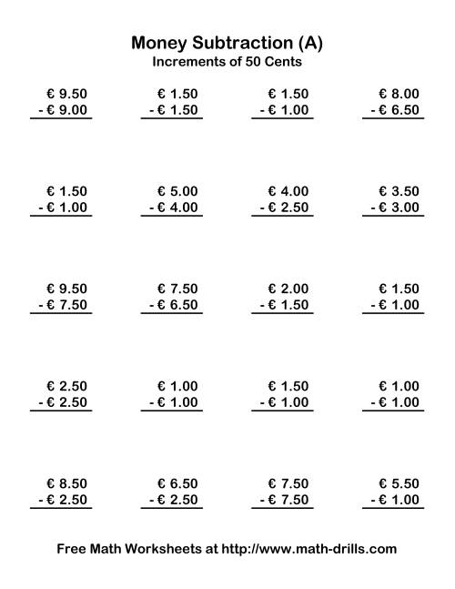 The Subtracting Euro Money to €10 -- Increments of 50 Euro Cents (Old) Math Worksheet