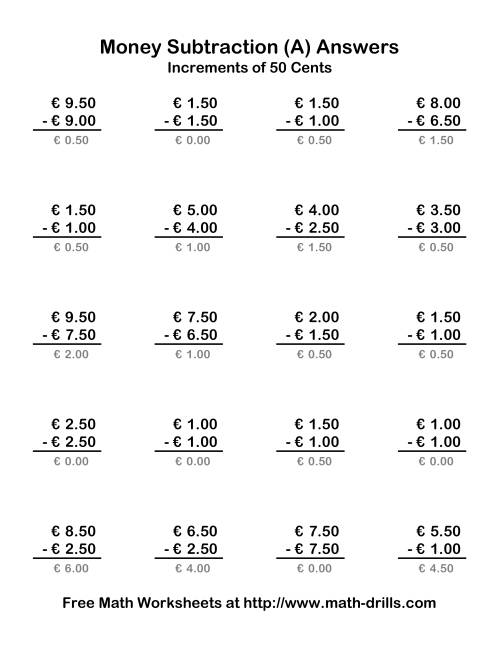 The Subtracting Euro Money to €10 -- Increments of 50 Euro Cents (Old) Math Worksheet Page 2